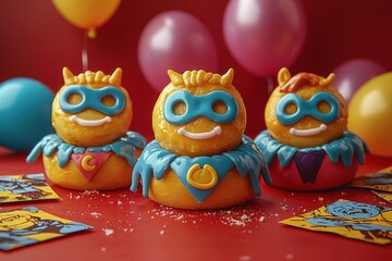 Obraz premium Colorful superhero-themed doughnuts with balloons and comic decorations