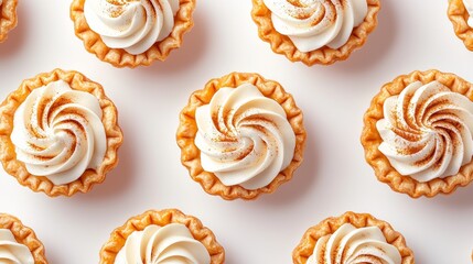 Fototapeta premium Artistic display of mini buttermilk pies topped with a small amount of spiced whipped cream, arranged in a festive pattern, bright tone, isolated on white background