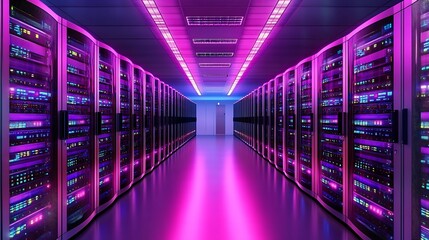 Fototapeta premium Futuristic Data Center with Neon Lighting and Modern Server Racks in a Technology Environment