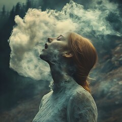 A woman with long, red hair exhales a large cloud of smoke or vapor. The background is a dark, moody forest. The image is artistic and evocative.