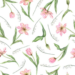 Seamless pattern of pastel pink light bud Tulips and white lily of the valley watercolor illustration isolated on background. Hand drawn delicate spring flowers for spring wedding repeat design