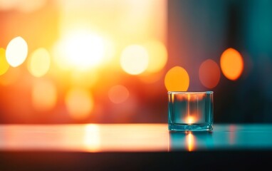 A glass candle holder sits on a table, illuminated by a warm sunset, creating a serene atmosphere