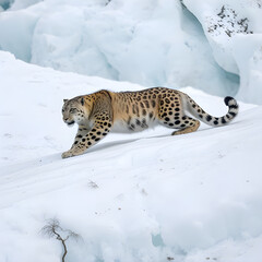 Fototapeta premium snow leopard slipping on melting glaciers, its fur matted and ribs visible