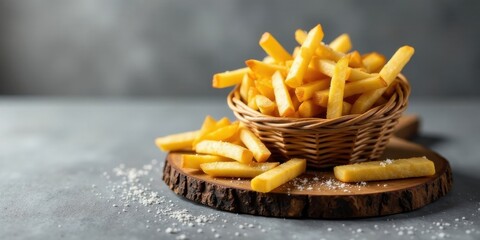 A delightful serving of golden-brown fried potatoes in a rustic woven basket, accompanied by additional fries arranged on a natural wood platter, seasoned with a light dusting of salt.