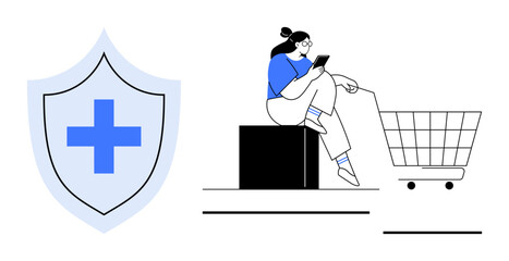 Woman seated relaxed, shopping cart and phone. Shield with medical cross. Ideal for e-commerce safety, online purchases, health protection, digital security, consumer trust, healthcare apps mobile