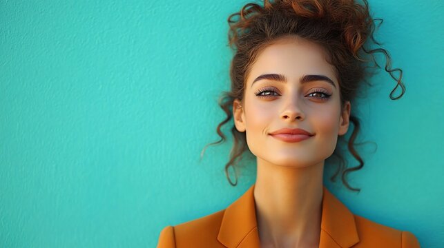 A bright portrait of a young woman in a warm brown blazer against a turquoise wall, ideal for marketing, branding, and personal development themes.
