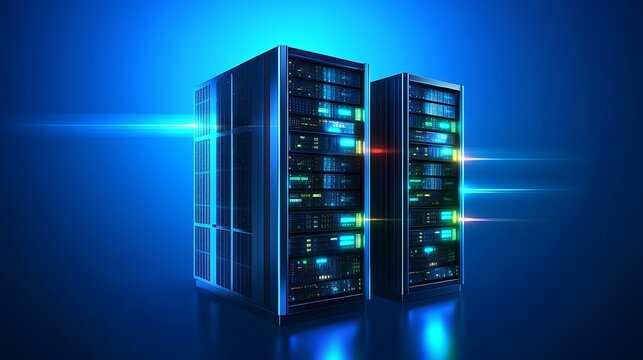 Modern Data Center with High-Tech Server Racks and Blue Neon Light Effects for Technology Themes