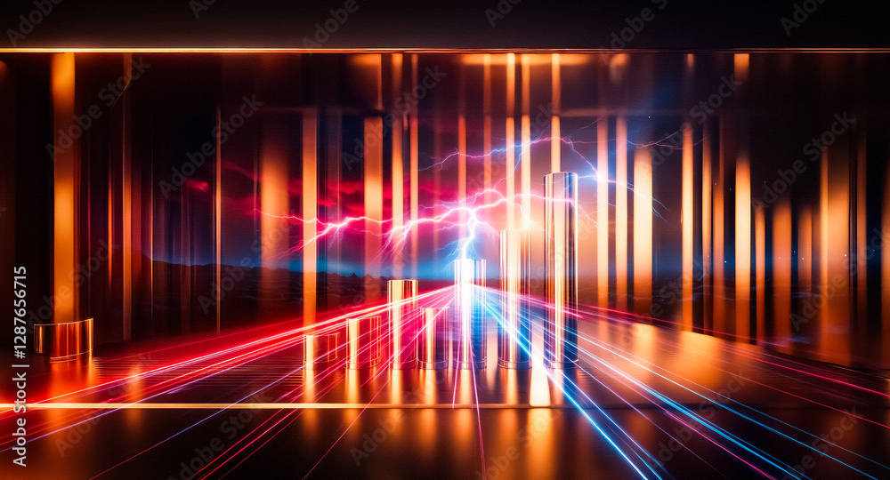 Fototapete abstract golden cylinders stand in rows, illuminated by a bright light source, creating a warm, meta