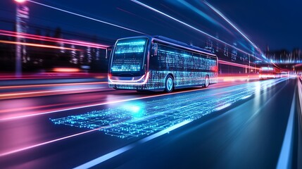 Fototapeta premium Futuristic Bus Driving in City at Night with Bright Neon Lights and Motion Blur Effects
