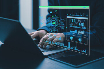 AI, data analysis. Business people use AI to analyze financial related data. big data Complex performance measurement With modern innovative technology