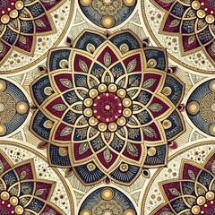 Seamless pattern, drawing, watercolor, graceful mandala art with fine lines and warm palette, luxurious oriental pattern with mandala elements and gold details