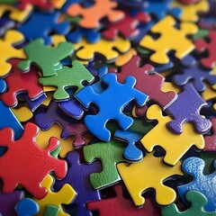 Fototapeta premium Colorful Jigsaw Puzzle Pieces on Red Background Representing Teamwork and Problem Solving