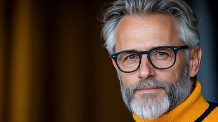 Obraz premium Mature man with glasses and well-groomed beard wearing a sweater in a warm-toned indoor setting