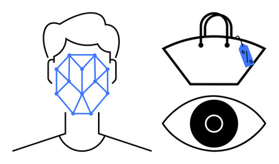 Human face with a facial recognition network, eye symbol, and shopping bag with a tag. Ideal for security, AI, biometrics, shopping, privacy technology retail. Modern digital identity abstract line