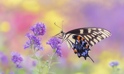 Obraz premium A vibrant butterfly perched on purple flowers amidst a colorful floral background in spring
