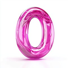 Number 0 made of vibrant neon pink liquid with swirling motion and glossy reflections isolated on a clean white background