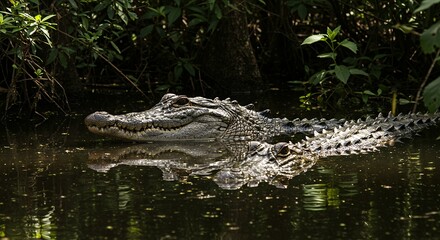 Fototapeta premium Alligator partially submerged in murky water with a reflection