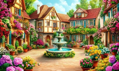 Obraz premium A vibrant courtyard filled with colorful flowers and a central fountain, surrounded by charming houses