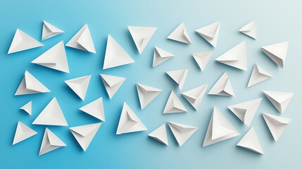 Fototapeta premium Abstract Composition of White Geometric Paper Triangles on a Soft Blue Background