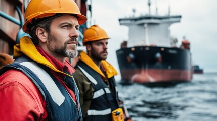 Obraz premium Two Workers Observe Large Vessel at Sea with Serious Expressions