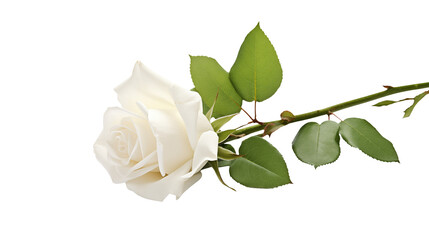 Elegant Single White Rose with Green Leaves on Black Background Perfect for Wedding Invitations Romantic Designs and Funeral Programs