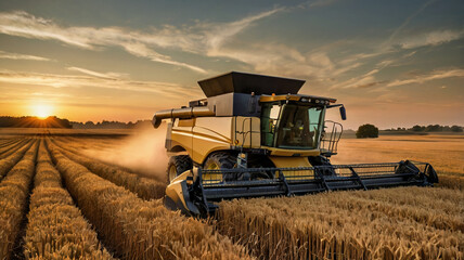 Fototapeta premium Wheat field sunrise. Golden wheat field at dawn with a modern combine harvester in the distance.