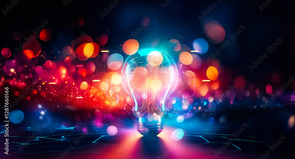 Poster Glowing light bulb with circuit board design shines brightly against a dark backdrop. Neon lights outline the bulb and ground, creating a futuristic tech vibe.
