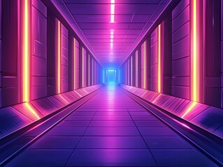 Futuristic corridor featuring neon lights and a glowing doorway, creating a vibrant atmosphere.