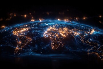 Illuminated world map with global network connection lines and night sky background