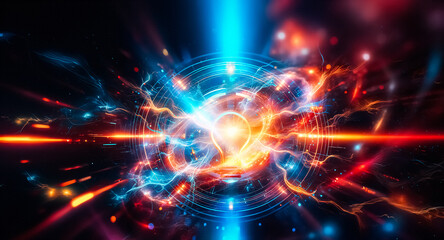 Obraz premium Glowing light bulb at the core, encircled by rings and radiating blue and orange light beams on a dark backdrop, representing a modern concept.