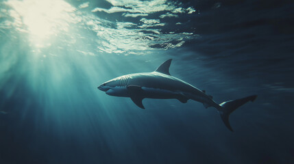 Fototapeta premium Atlantic white shark swimming underwater lighting shade from water surface