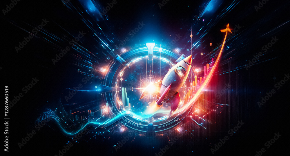 Aufkleber rocket ship soaring upwards, symbolizing rapid growth and progress. a vibrant graph line ascends alo