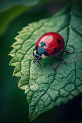 Fototapeta premium Close-up of a vibrant red ladybug with black spots perched on a green leaf