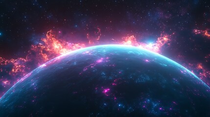 Obraz premium A surreal cosmic depiction of global trade, radiant stars and luminous galactic pathways forming interconnected networks, vibrant hues of cyan, purple, and magenta glowing against a dark starry sky,