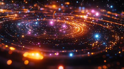 A surreal depiction of economic trade networks visualized as celestial orbits, glowing lines connecting planets and stars, vibrant constellations with neon colors,