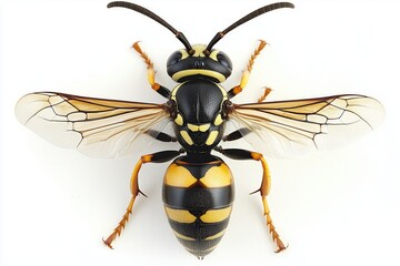 Close-up image of a yellow and black wasp on white background