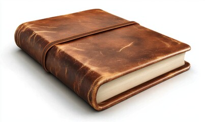 Leather journal closed with strap, white background, for writing or sketching