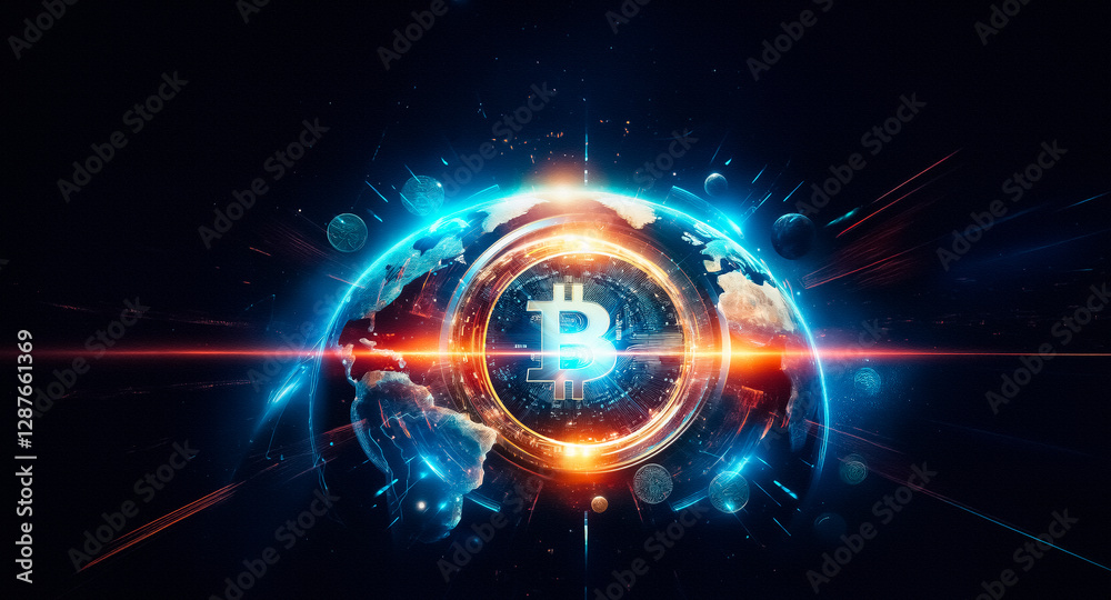 Aufkleber abstract glowing circle with vibrant orange and blue light bursts on a dark backdrop, creating a fut