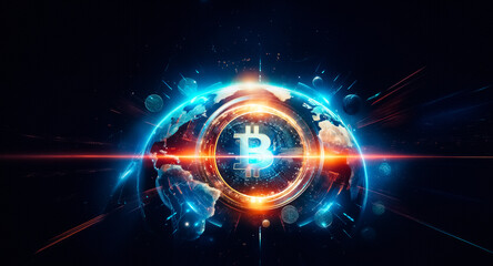 Obraz premium Abstract glowing circle with vibrant orange and blue light bursts on a dark backdrop, creating a futuristic and energetic effect.