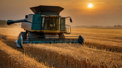 Obraz premium Wheat field sunrise. Golden wheat field at dawn with a modern combine harvester in the distance.