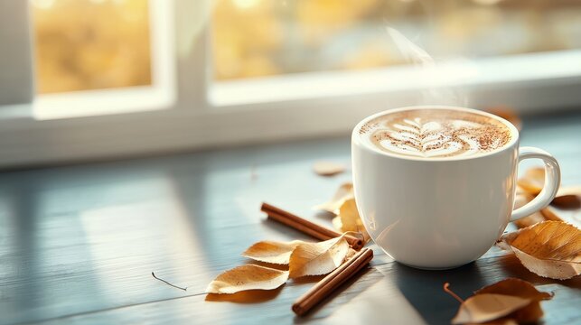 Artistic shot of a chai tea latte surrounded by fallen autumn leaves, pumpkin slices, and cinnamon sticks, warm sunlight filtering through a window