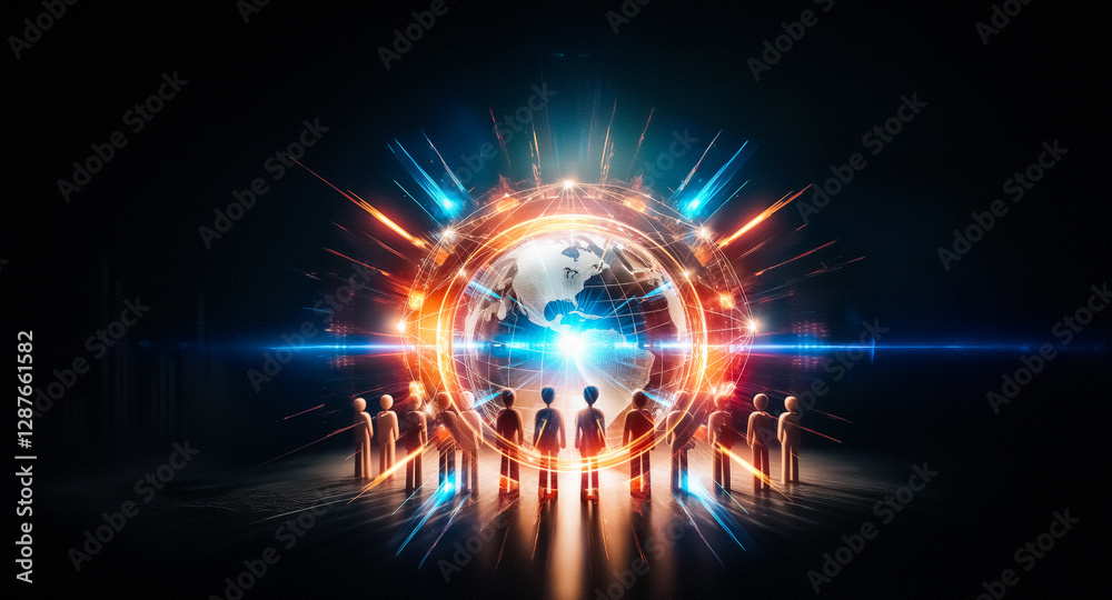 Poster A group of people in a circle surrounds a glowing globe. A network of light connects around the earth in a dark studio setting.