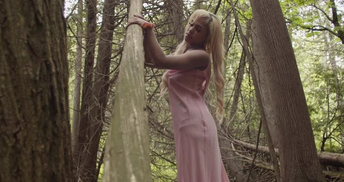 Young ebony woman with long blonde hair, wearing a pink gown, leans against a fallen tree. She runs her hands along the length of the trunk, seductively gazing at the camera. Handheld camera shot.