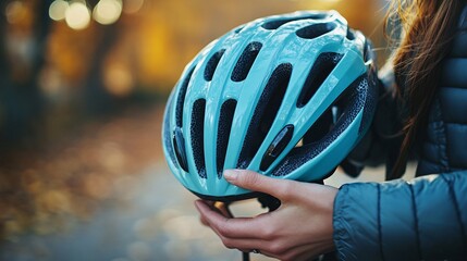 A turquoise bicycle helmet is held in a persons hands
