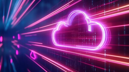 Colorful neon cloud icon with vibrant light trails representing digital data transfer and technology concepts