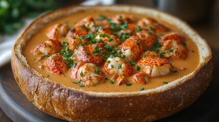 Lobster bisque in hollowed-out bread bowl, garnished with chives, on wooden board