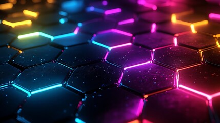 A vibrant hexagonal grid representing financial trends and data exchange, glowing with a spectrum of neon colors, interwoven connections creating an intricate pattern,