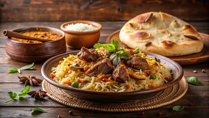 Steaming hot mutton biryani on a ceramic plate with a sprinkle of fragrant spices and a side of warm naan bread
