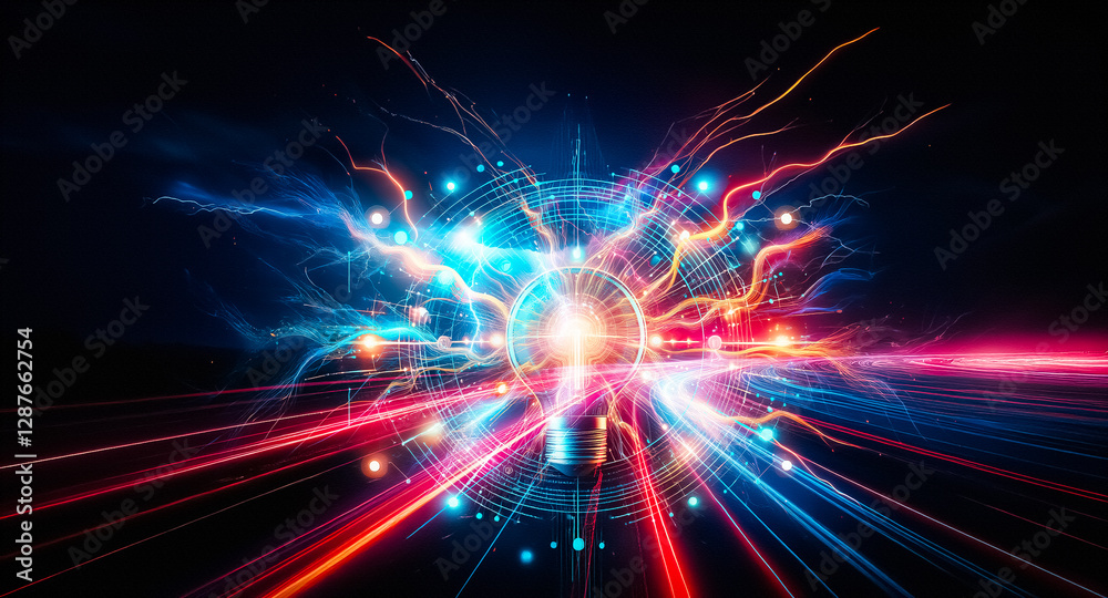 Leinwandbilder glowing lightbulb surrounded by abstract digital elements in blue and orange on a black background. 