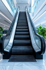 Modern escalator in a spacious shopping mall with sleek design and greenery